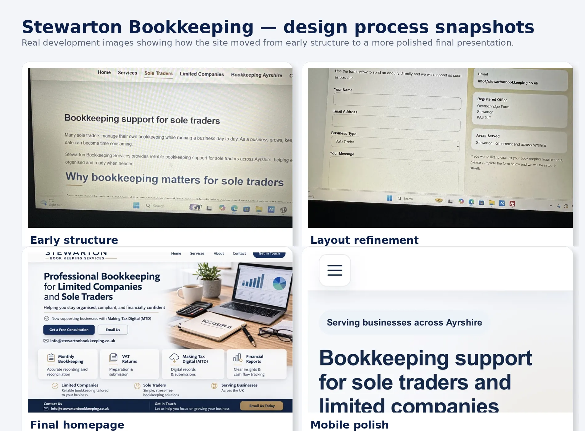 Stewarton Bookkeeping design process collage showing early structure, refinement and final launch screens